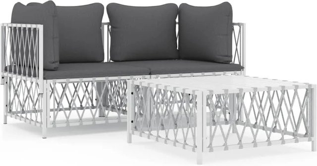 vidaXL 3-tlg Garten-Lounge-Set in L-Form mit Kissen, Weiß, pulverbeschichteter Stahl und Textilene - Bild 1