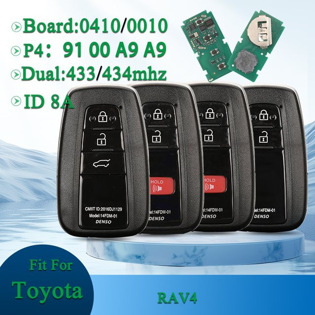 Jingyuqin Smart Auto Remote Key Fob ID8A Chip für Toyota RAV4, 4 Tasten, Schwarz, 433/434 MHz FSK P4: 91 00 A9 A9 Bord: 0410/0010 - Bild 1