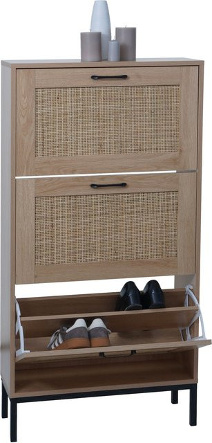 Schuhschrank MCW-N92 Schuhkipper mit 3 Fächern und Rattanfront in Eiche-Optik, B/H/T: 126 x 63 x 24 cm - Bild 1