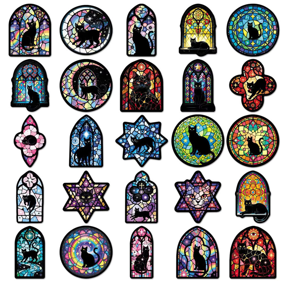 50 Stück Buntglas- und schwarze Katzenaufkleber im Cartoon-Stil von LanLanStickersWorld, Multicolor - Bild 4
