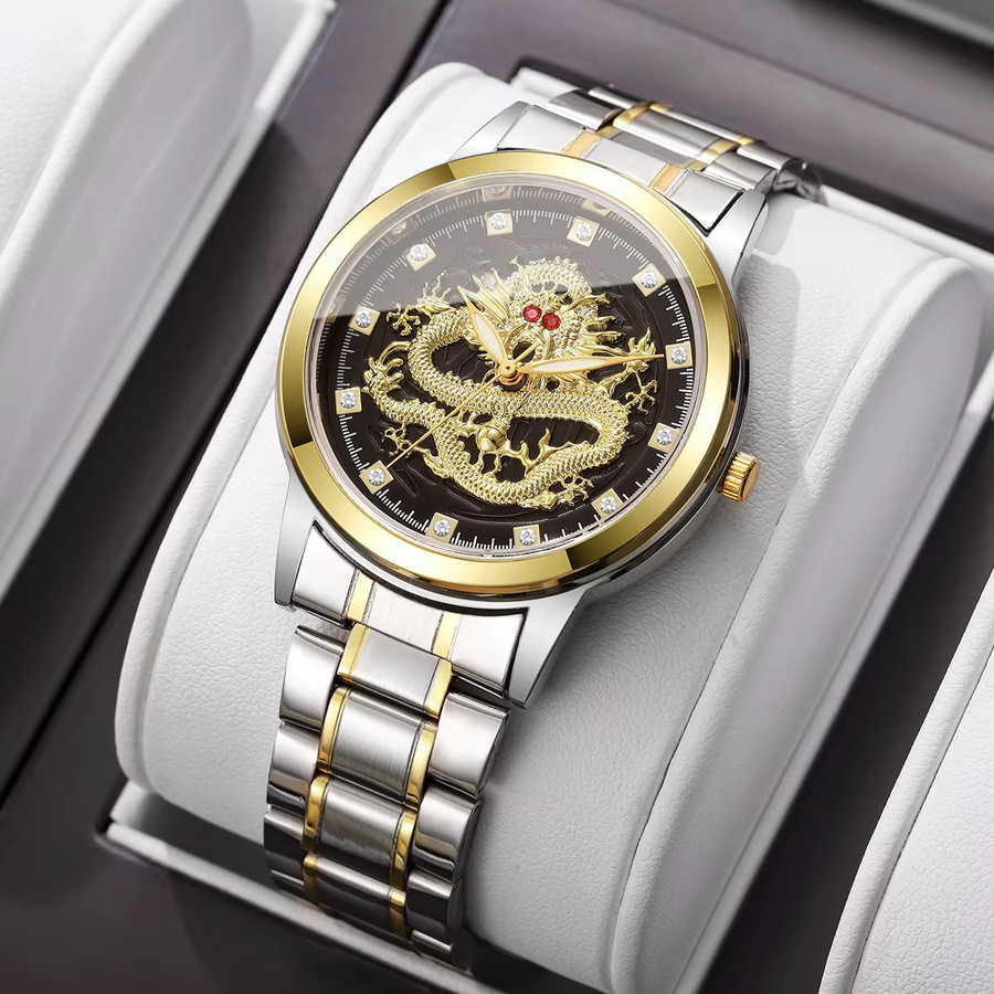 yolako Armbanduhr Quarz, Edelstahl, Gold, Drachen Zifferblatt, Herren - Bild 1