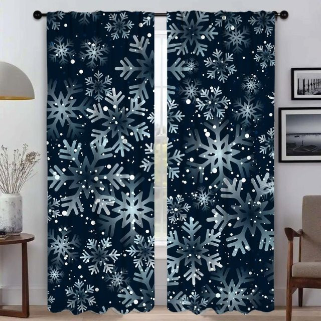 2er-Set moderne Vorhänge mit Cartoon-Schneeflocken-Design in Blau, halbtransparent, B: 60 cm, H: 90 cm - Bild 1