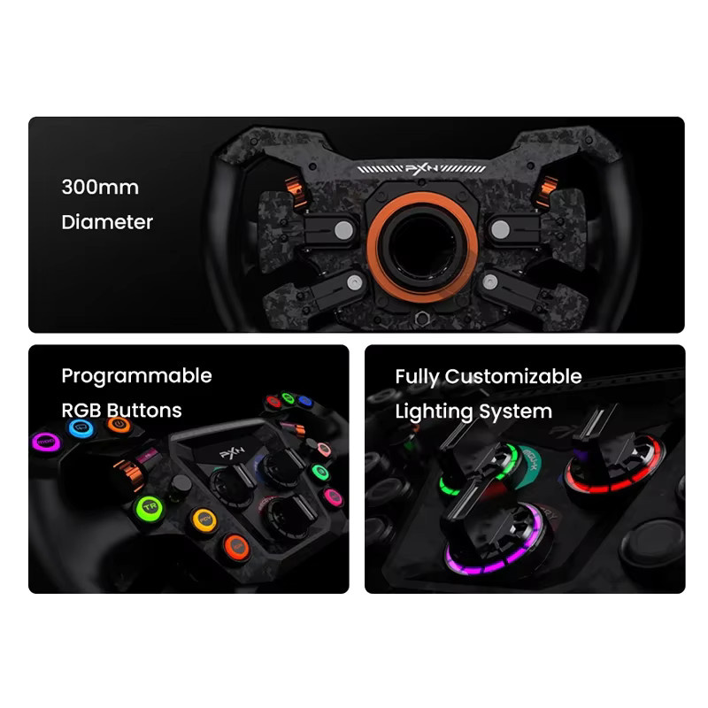 PXN GT ONE Sim-Racing-Lenkrad in Schwarz mit 300mm Durchmesser, 78 programmierbaren Steuerungen, SimHub RGB und Doppelkupplung aus Kohlefaser - Bild 2