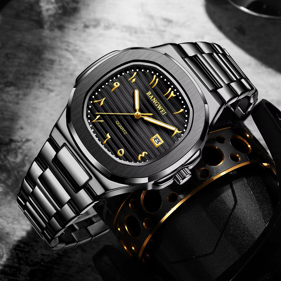 BANGWEI Armbanduhr, Edelstahl, Quarz, Schwarz, Herren - Bild 2