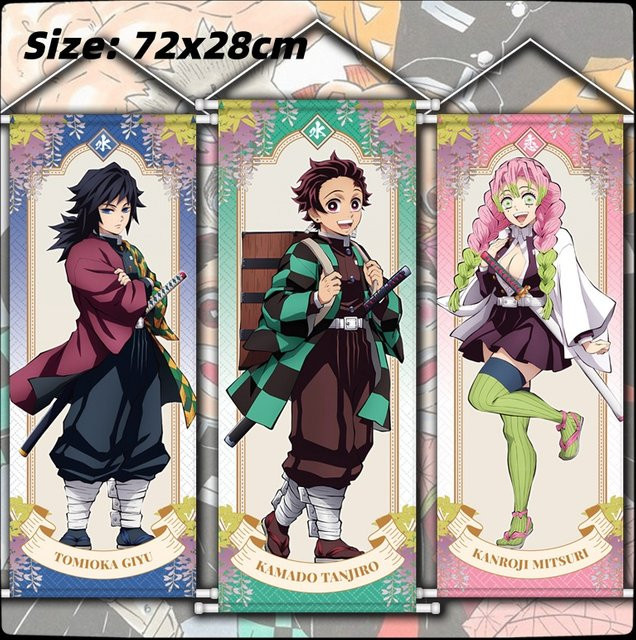 Bandai Dämonentöter Anime Seidenposter als hängende Wanddekoration, Motiv Tanjiro Nezuko Giyuu Mitsuri, B: 28 cm, H: 72 cm, Mehrfarbig - Bild 1