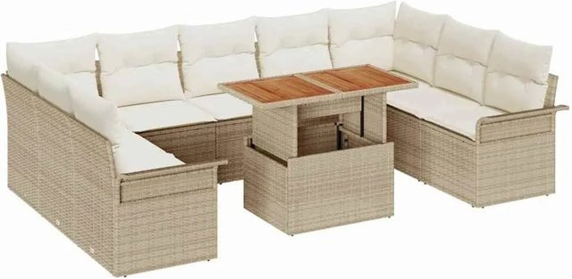 vidaXL Garten-Sofa-Set 10-tlg. in U-Form mit Kissen und Couchtisch, Beige und Creme, modern mit Metallgestell und Akazienholz - Bild 1