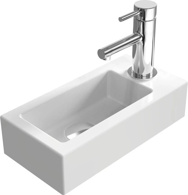 Emke Wandwaschbecken aus Keramik in Weiß, rechteckig mit Hahnloch rechts, B: 36,5 cm, T: 18,0 cm, H: 9,0 cm - Bild 1