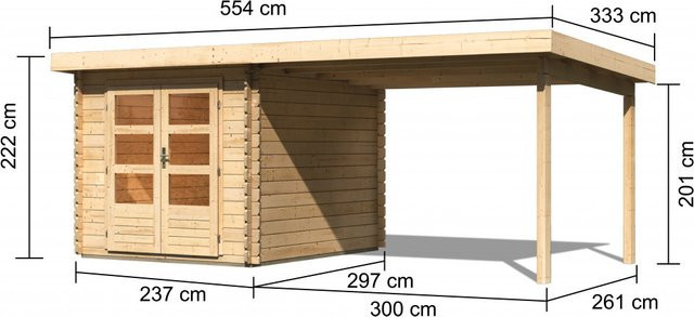 Karibu Gartenhaus BASTRUP 4 Blockbohlenhaus aus Massivholz in Nordische Fichte mit Anbaudach und Pultdach, Farbe: Brown - Bild 1