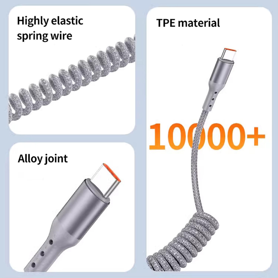 NNBILI 100W USB-C Spiralkabel mit USB-A Anschluss in Lila/Silber für schnelles Laden und Datenübertragung - Bild 4