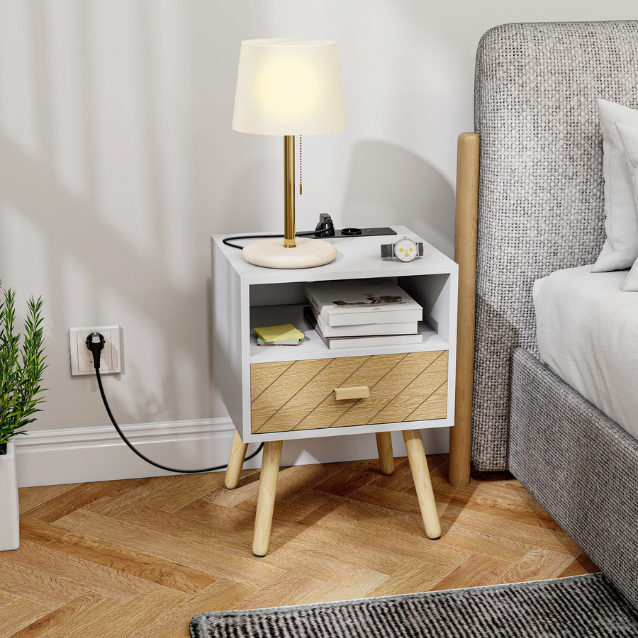 HOMCOM Nachttisch mit Ladestation in Weiß mit Schublade, USB- und Typ-C-Anschluss sowie 2 AC-Steckdosen und offener Ablage - Bild 2