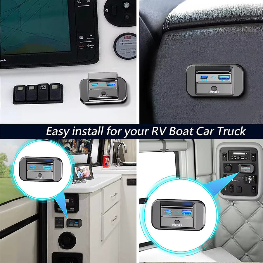 Kebidumei Dual USB PD Typ C Schnellladegerät mit QC3.0 Netzteil und Ein/Aus-Taste für Auto, Boot und RV, Schwarz - Bild 3