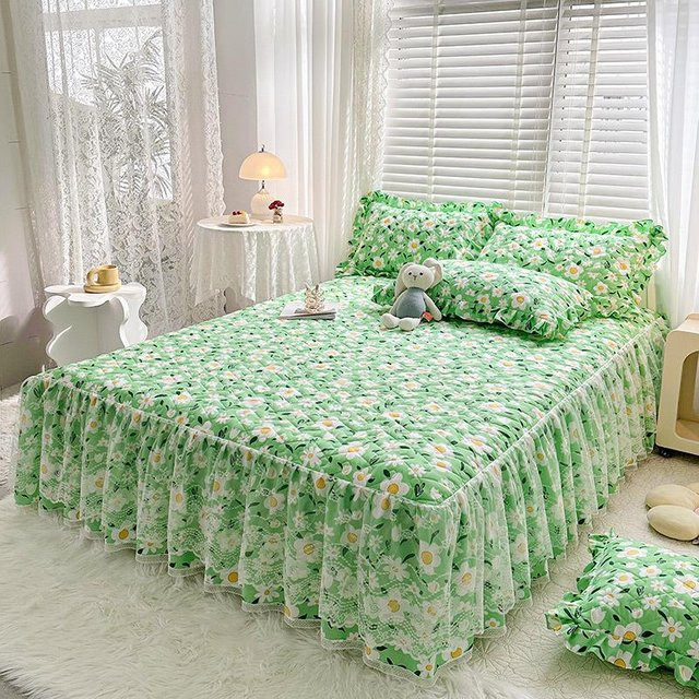 Your Warm Home Bettwäsche-Set mit gestepptem Spannbettlaken und Tagesdecke aus Baumwollspitze in Grün, Shabby Chic Design, B/T: 120 x 200 cm - Bild 1
