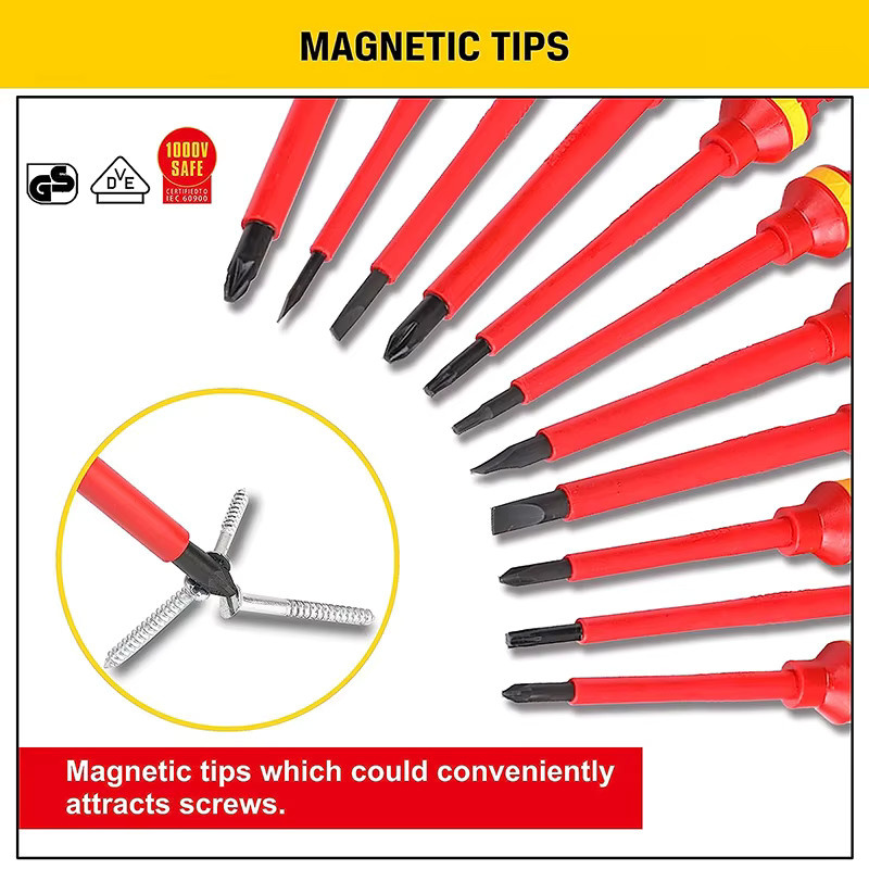 LUCHSHIY 13-teiliges Elektriker-Reparatur-Werkzeug-Set mit 1000-V-Isolierung in Rot, magnetisches Schraubendreher-Set aus Cr-V mit Schlitz, Phillips, Pozidriv und Torx Bits - Bild 2