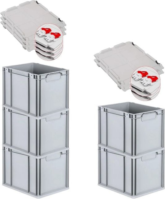 PROREGAL Spar Set 5x Eurobox Nextgen Economy mit Scharnierdeckel und roten Schiebeschnappverschlüssen, Grau/Rot, H x B x T: 32 x 30 x 40 cm - Bild 1