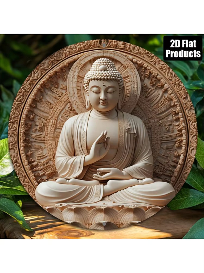 CIFBUY Buddha Zen Rundes Metallschild in Beige, Wandkunst für Home, Bar und Cafe, Durchmesser: 20,32 cm - Bild 4