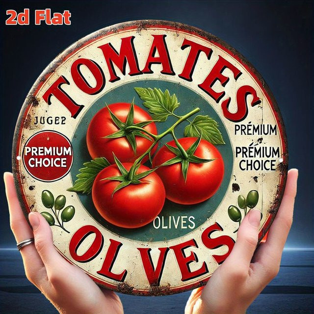 Potdemiel Wandkunstschild Tomaten und Oliven aus Metall im Vintage-Stil, runde mediterrane Küchendekoration in Rot und Grün, Durchmesser: 20 cm - Bild 1