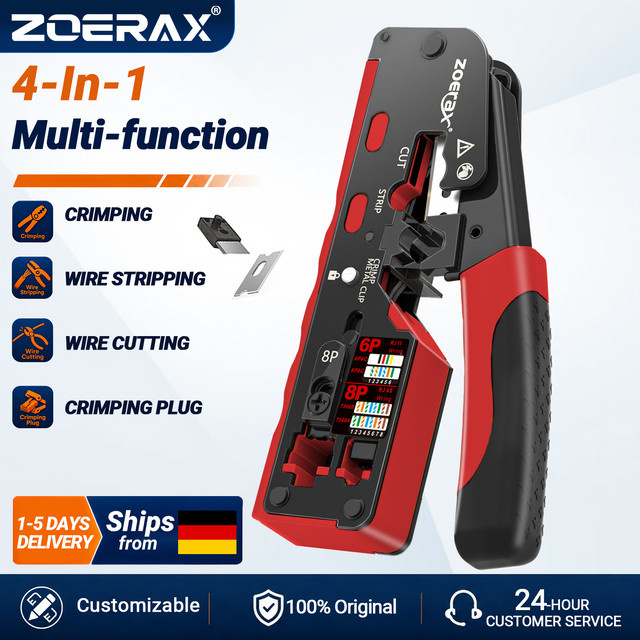 ZoeRax RJ45 Crimpzange für Cat7 Cat6a Cat6 Cat5e Ethernet-Anschlüsse mit Abisolier- und Schneidefunktion in Gelb-Rot - Bild 1