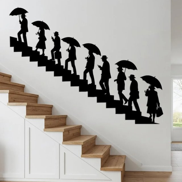 CIFBUY Wanddekoration aus Metall mit Regenschirm-Silhouetten in Schwarz, moderne abstrakte Kunst für Flur und Treppenhaus - Bild 1