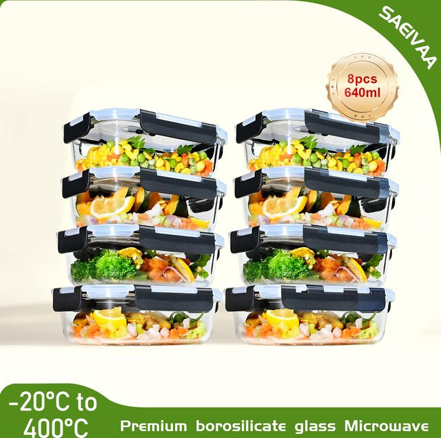 SAEIV 8-teiliges Glas-Lebensmittelaufbewahrungsset, transparent, 640 ml pro Box, auslaufsicher, mikrowellen- und spülmaschinenfest, BPA-frei - Bild 1