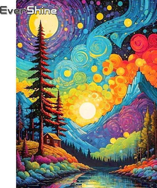 EverShine DIY Diamantmalerei Sonnenuntergang mit Baum als Landschafts-Mosaikbild in Rundform und Mehrfarben - Bild 1