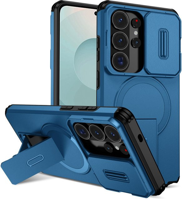 Gepanzerte magnetische Handyhülle mit Schiebefenster und Halterung für Samsung Galaxy S26 S25 Edge S24 S23 Ultra Plus in Pink oder Blau - Bild 1