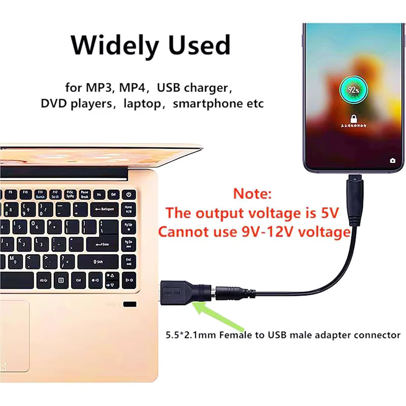 USB-A auf DC 5,5 x 2,1 mm Netzteil-Spitzenkabel mit männlichem und weiblichem DC-Klinkenstecker für 5 V, Schwarz - Bild 3