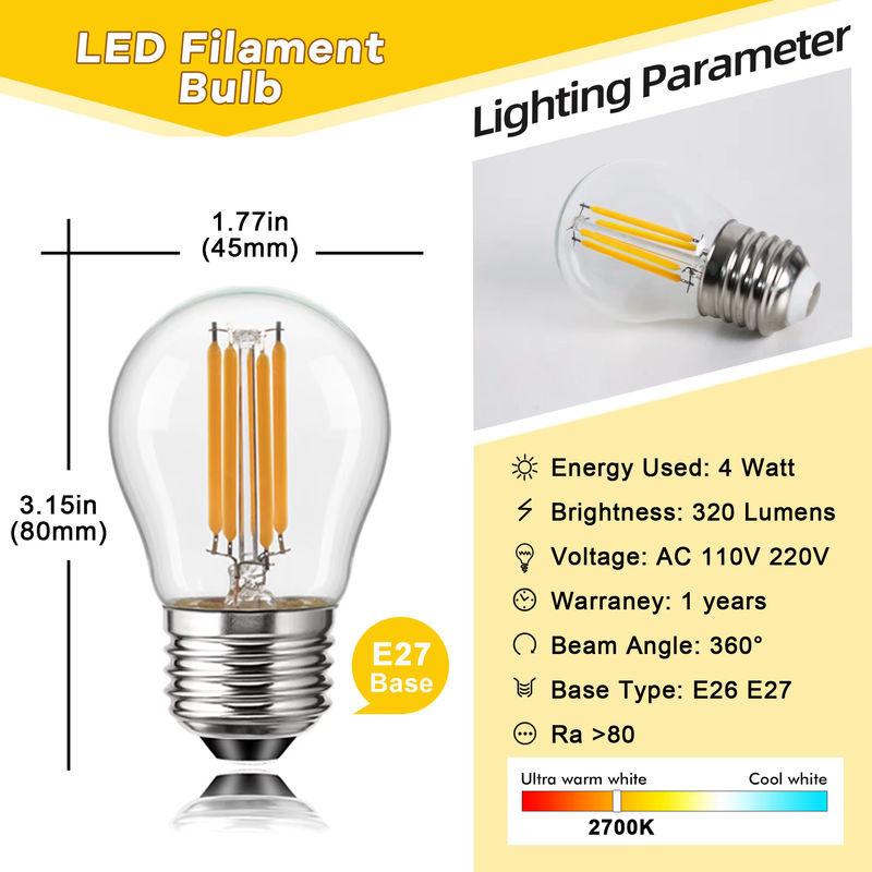 Genixgreen 6er-Pack G45 LED-Glühbirnen E27, Kugelform, warmweiß 2700K, dimmbar, transparent, 4W (entspricht 40W) - Bild 2