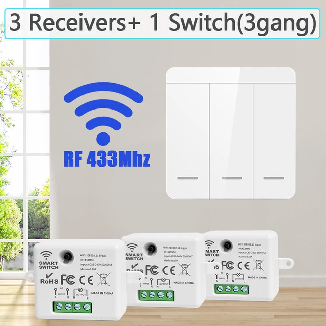 Szaoju Kabelloser Lichtschalter RF 433MHz Relais-Empfänger Set in Weiß für LED-Lampen 10A 220V - Bild 1
