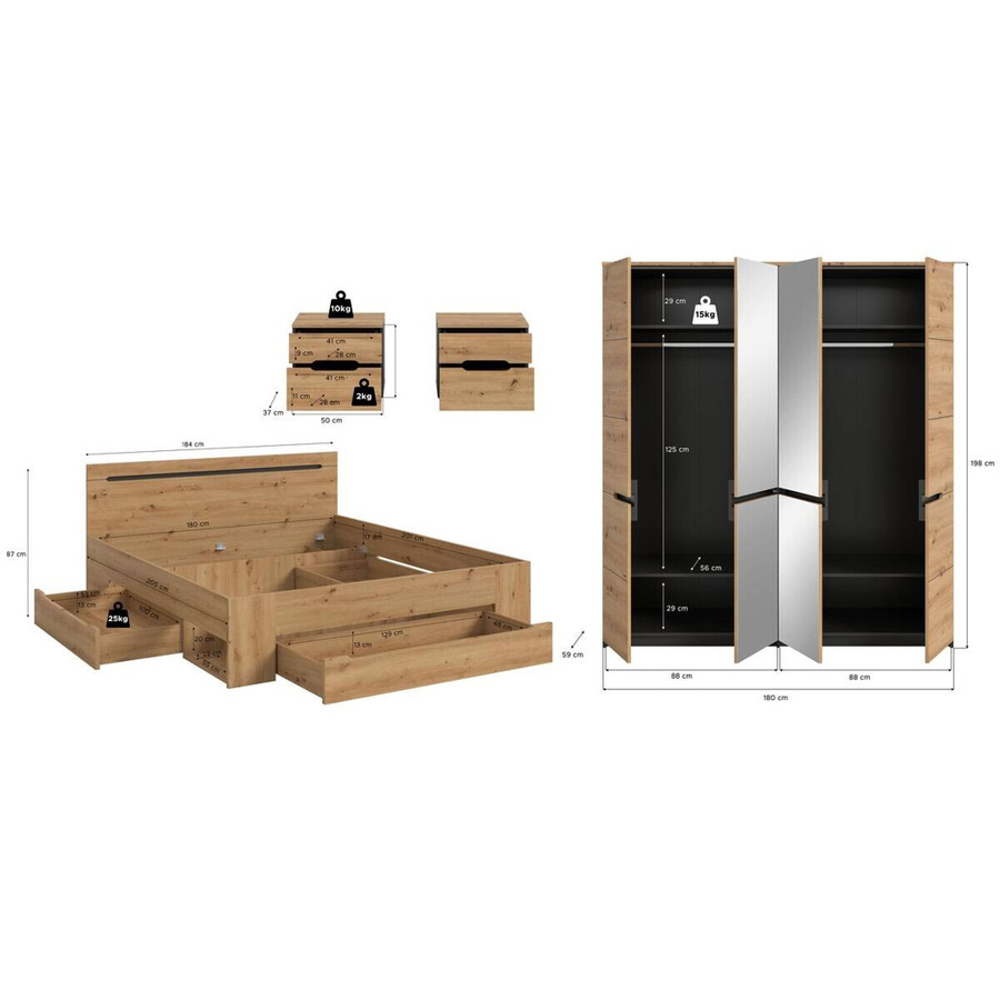 Schlafzimmer Set CANU von xonox.home in Basaltgrau mit Bettgestell, Nachttisch und Kleiderschrank in Artisan Nachbildung - Bild 2