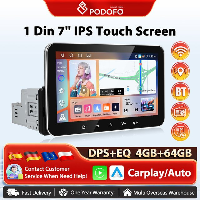 Podofo Android Autoradio mit CarPlay, 64 GB Speicher, WiFi, Bluetooth, GPS und DSP Navigation in Schwarz - Bild 1