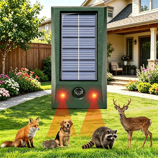 SAIJZEK Solarbetriebener Ultraschall-Tiervertreiber mit Blitzlicht, wasserdichter Mäusevertreiber für Garten und Hof zur Schädlingsbekämpfung - Bild 1