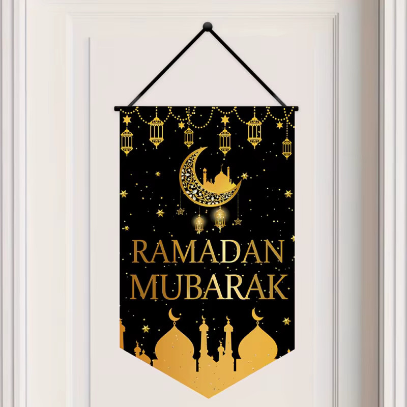 VIKAMA Eid Al-Fitr Banner aus Oxford-Stoff in Schwarz mit Mond-Motiv zur Veranda-Dekoration und für deine Eid-Feierlichkeiten - Bild 2