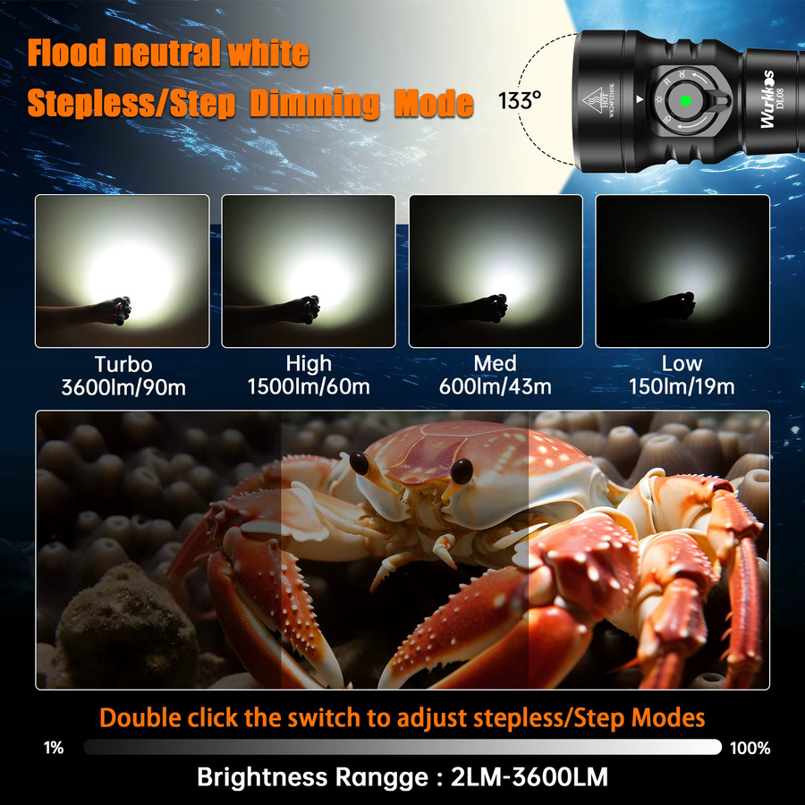 Wurkkos DL08 Tauchlampe mit 3600 lm, wiederaufladbare Unterwasserlaterne in Schwarz mit rotem Licht (660 nm) und UV-Licht (365 nm) - Bild 3