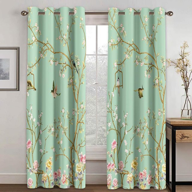 Yiran Furniture Vorhang mit 3D-Blumen, Vögeln und Ästen in Grün, Breite: 170 cm, Höhe: 200 cm - Bild 1
