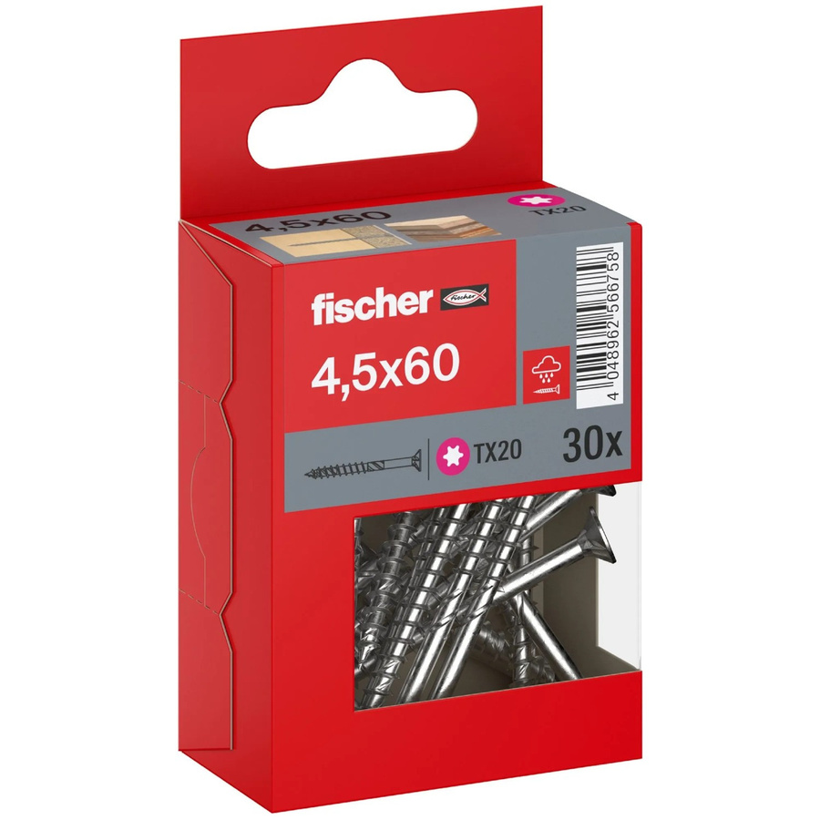 Fischer PowerFast II A2 Senkkopf Teilgewinde Torx Schraube aus Edelstahl in Silber, Durchmesser: 4,5 mm, Länge: 60 mm, 30 Stück - Bild 2