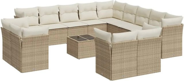 vidaXL 14-tlg. Garten-Sofagarnitur aus Poly-Rattan in Beige mit Kissen und Stauraum - Bild 1