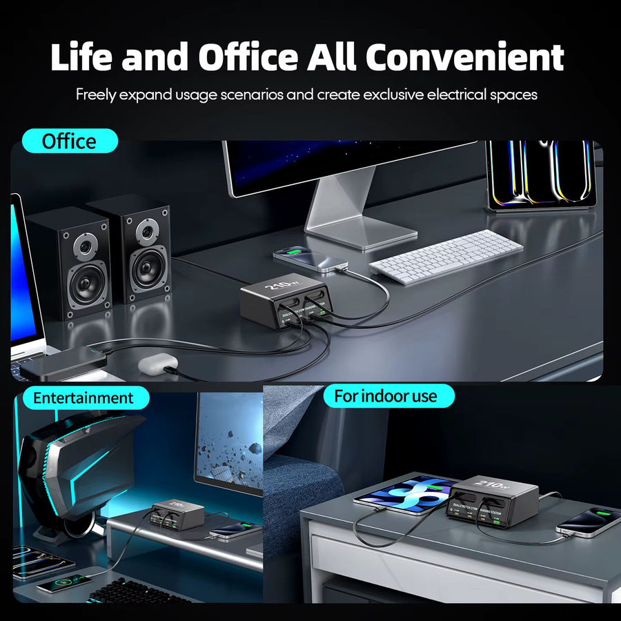 ILEPO 6-in-1 Ladestation Power Combo Tower mit 210 W Schnellladegerät und einziehbarem USB-C-Kabel in Schwarz - Bild 5