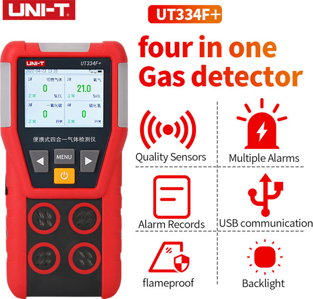 UNI-T UT334F Multigasdetektor Gasmessgerät in Rot zur Messung von O2, H2S, CO und LEL - Bild 1