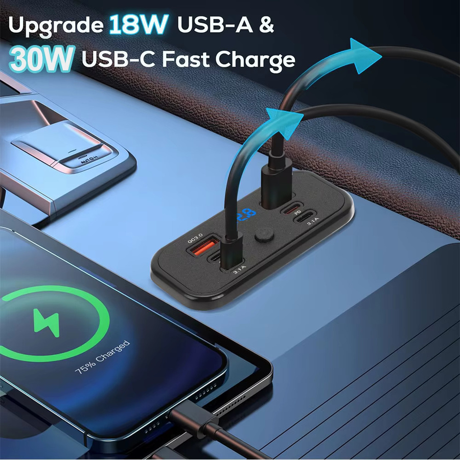KEBETEME 6-Port Autoladegerät in Schwarz mit 30W PD3.0 QC3.0 Schnellladung, zwei 18W USB-A-Anschlüssen und Voltmeter-Schalter für 12V/24V Auto, LKW, Boot und Wohnmobil - Bild 2