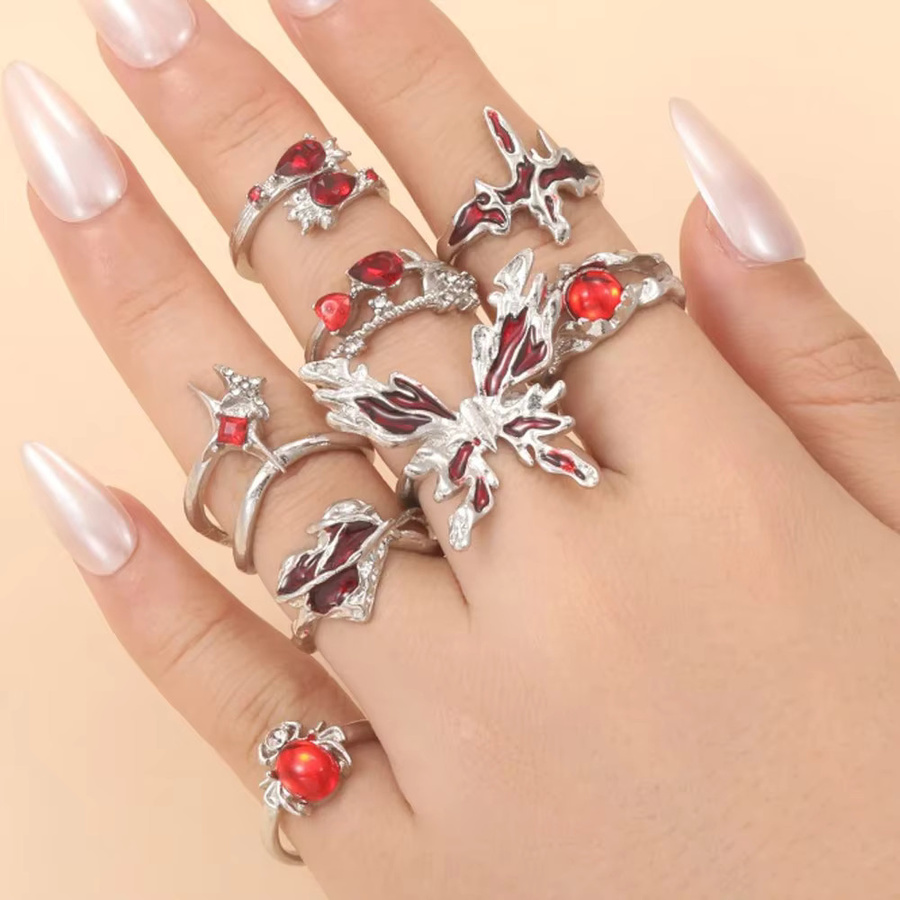 LATS Ringe, rote Kristallherz, Schmetterling, Spinnenring, Damen - Bild 1