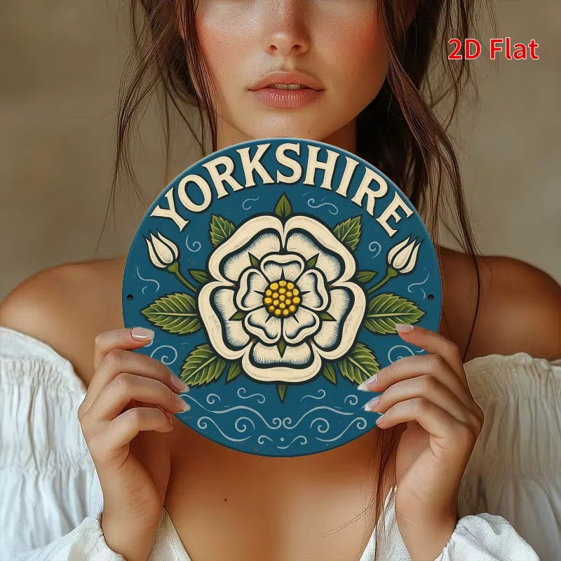 Potdemiel Metallschild Yorkshir White Rose Vintage mit blauem und weißem Blumenmuster, rund, Durchmesser: 19,81 cm - Bild 3