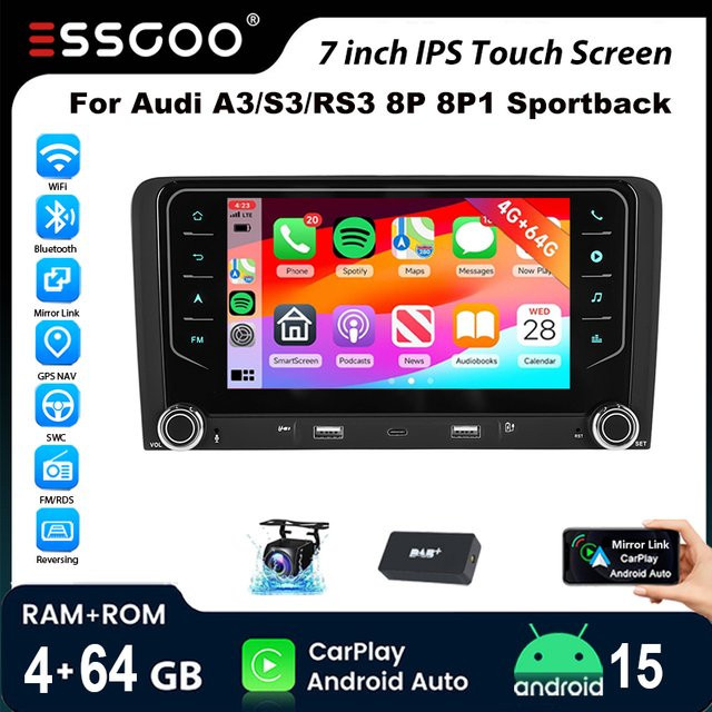 ESSGOO Android 15 Autoradio mit 7 Zoll Display für Audi A3 8P 8P1 3-Türer und S3 8P/RS3 Sportback, 4+64 GB, Wireless CarPlay, Android Auto, GPS, WiFi, Bluetooth, USB, Lenkradsteuerung, Schwarz - Bild 1