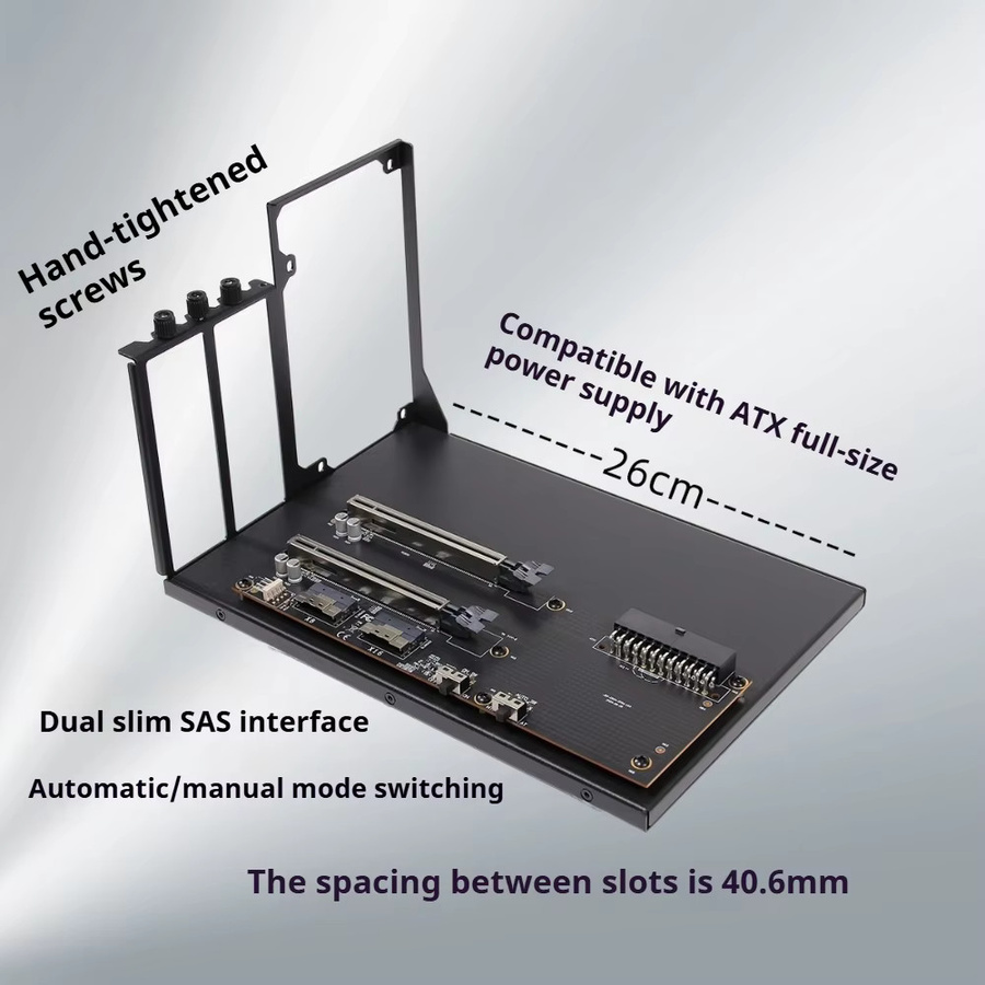 ADT-Link Dual-Slot-Grafikkartenhalter mit Durchgangsplatte 4.0 X8, Erweiterungskarte PEX8749 PCIe 3.0 X16 SlimSAS ATX, Schwarz - Bild 2