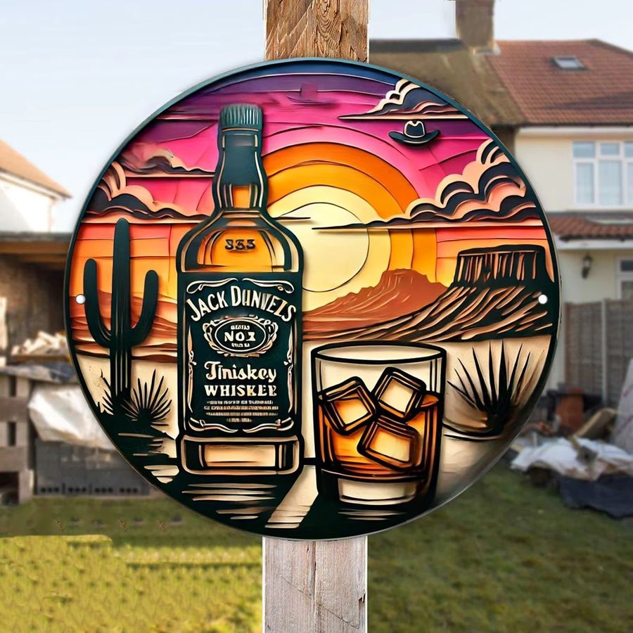 Potdemiel Vintage Whiskey Sunset Metallwandkunst aus Aluminium mit westlicher Wüstenlandschaft, rund, Durchmesser: 19,99 cm - Bild 5