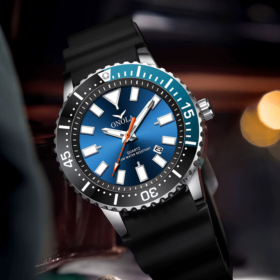 ONOLA Armbanduhr, Quarz, Leder, Edelstahl, Blau, Herren - Bild 2