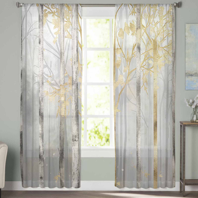 Transparente Chiffon-Fenstervorhänge mit abstraktem Ölgemälde-Baum-Motiv im Sonnenuntergang, Breite: 135 cm, Höhe: 114 cm - Bild 3