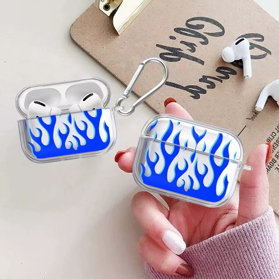 Transparente Schutzhülle mit blauem Flammen-Design für Apple AirPods Pro und AirPods 3/2/1 - Bild 2