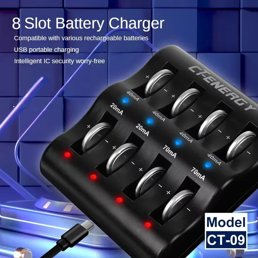 Alasicka Smart-Ladegerät für Lithium-Knopfbatterien, 8-Slot tragbares Reise-Ladegerät in Schwarz - Bild 3