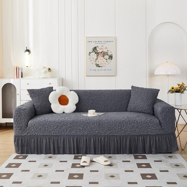 Rutschfeste Sofahusse aus Polyester mit Schürze in Grau für 1-Sitzer, Breite: 90-140 cm - Bild 1