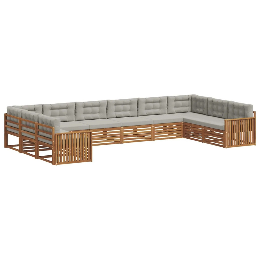vidaXL Sofagarnitur aus Massivholz Akazie in Natur und Hellgrau, 10-teiliges Set mit Polsterung und Kissen im modernen Latten-Design - Bild 2